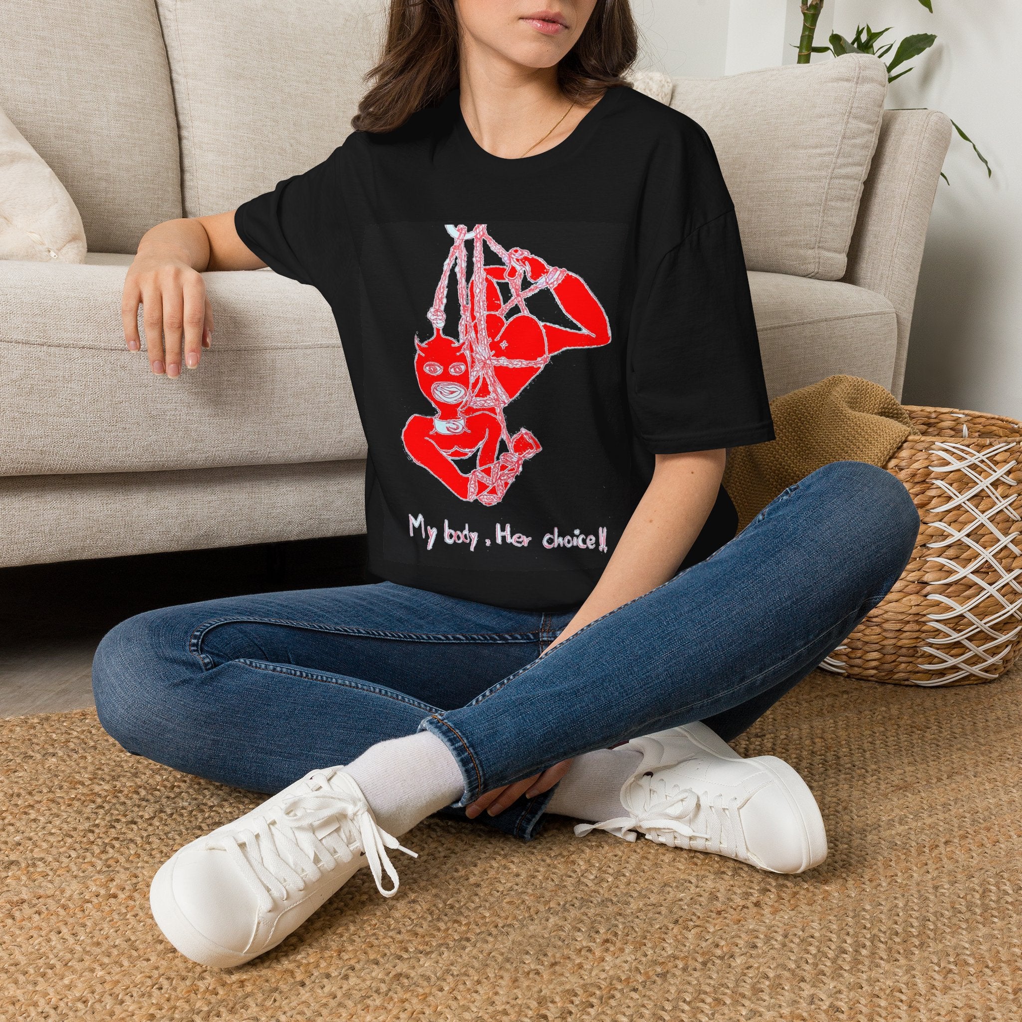 Red Rope Suspension Art T-Shirt | 'My Body, Her Choice' Statement Tee