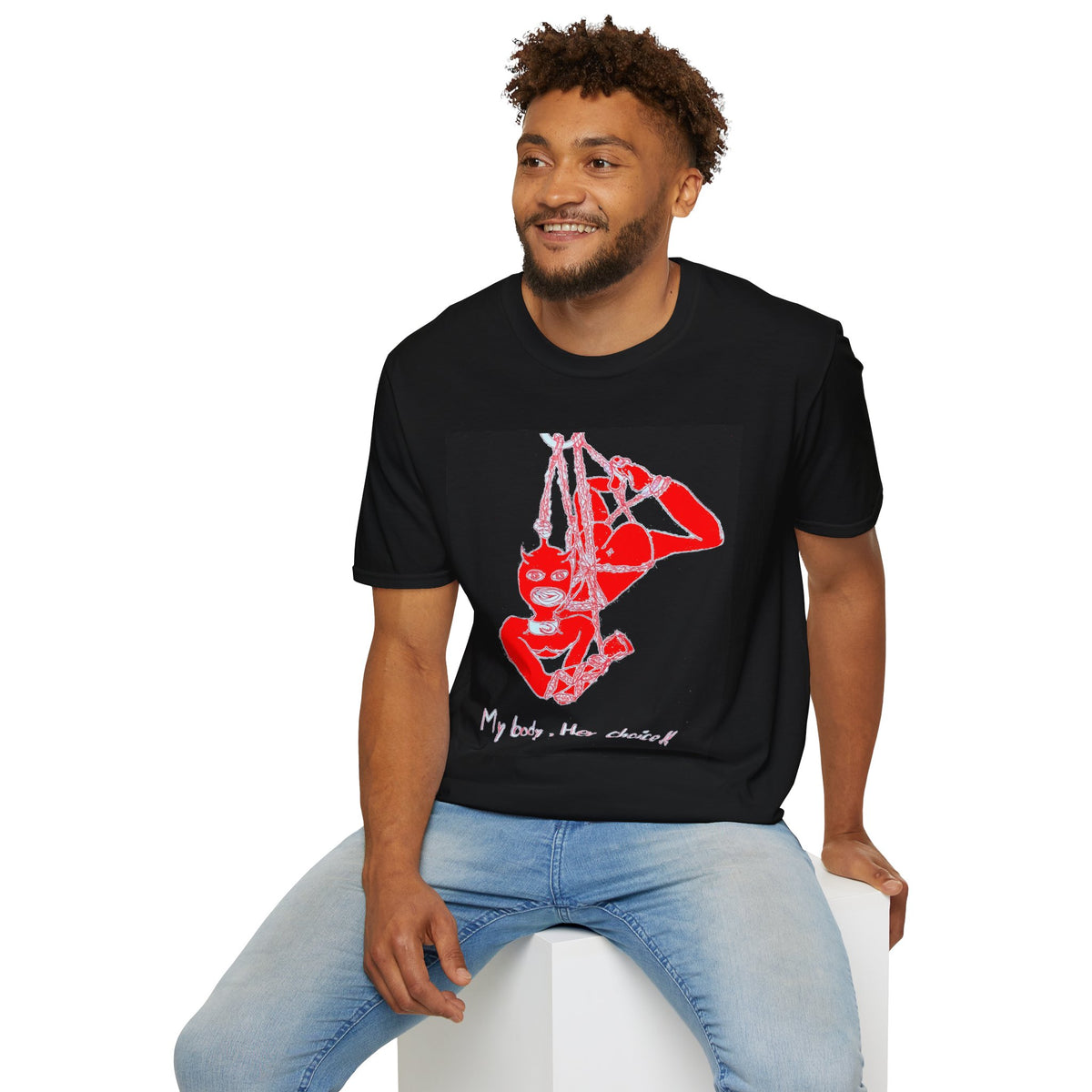 Red Rope Suspension Art T-Shirt | 'My Body, Her Choice' Statement Tee